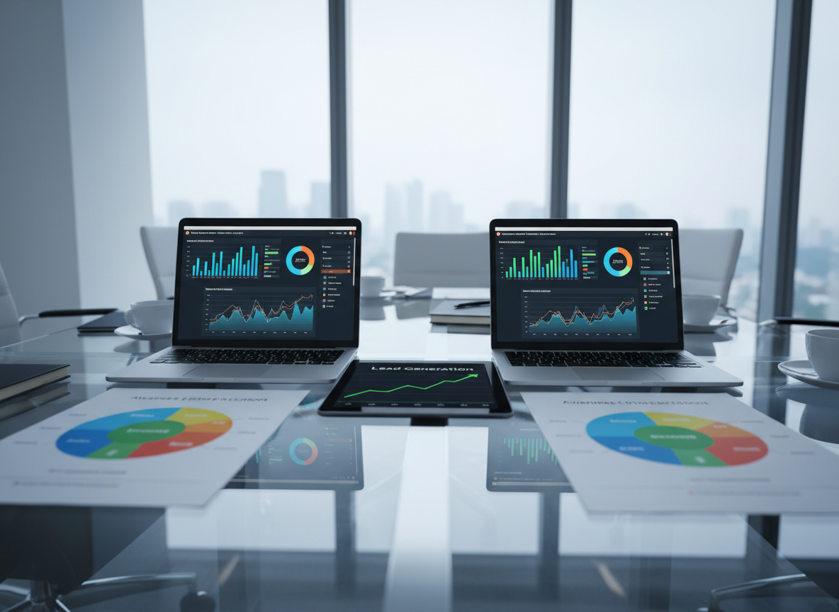 A sleek glass-walled office conference table covered with neatly arranged marketing strategy materials: high-resolution laptop screens showing analytics dashboards, printed funnel diagrams with color-coded stages, and a tablet displaying an upward-trending lead graph. The table sits in a modern, minimalist workspace with clean white walls and a faint city skyline visible through a large window in the softly blurred background. Cool, diffused daylight pours in, creating gentle reflections on the glass surface and metallic laptop edges. Photographic realism with a professional, confident mood, captured at eye level with a shallow depth of field that keeps the analytics screens in crisp focus while subtly softening the surroundings, emphasizing clarity, precision, and results-driven lead generation.