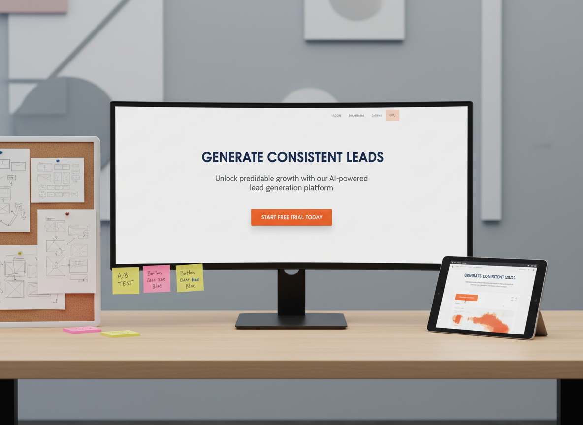 A clean, conversion-optimized landing page layout displayed on a large ultra-wide monitor, featuring a bold headline about generating consistent leads, a concise value proposition, and a prominently highlighted call-to-action button. Around the monitor, printed wireframes, sticky notes with split-test variations, and a tablet showing heatmap analytics are neatly arranged on a light oak desk. The setting is a modern digital marketing studio with cool gray walls and subtle geometric artwork softly out of focus. Even, diffused studio lighting eliminates harsh shadows, keeping every detail clear. Photographic realism, framed using the rule of thirds from a straight-on angle, creates a calm, highly professional atmosphere that emphasizes clarity, conversion strategy, and optimized user experience.