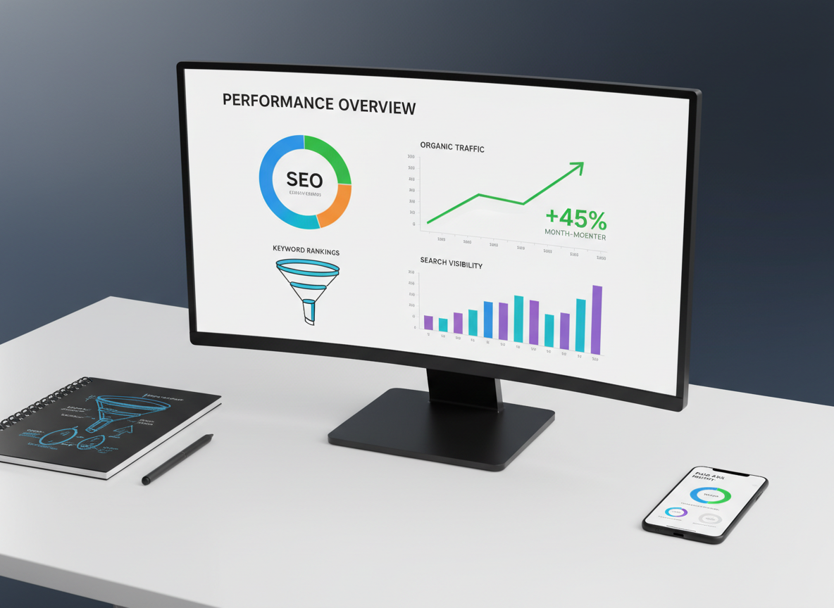A close-up of a large computer monitor on an immaculate white desk, displaying an SEO dashboard with colorful keyword charts, search visibility graphs, and a prominent increase in organic traffic. Beside the monitor, a notebook with neatly sketched funnel diagrams and a pen rests next to a smartphone showing a paid ads performance report. The environment is a contemporary workspace with matte black accessories and a subtle gradient backdrop. Soft studio lighting from the side casts controlled shadows and delicate highlights on the screen edges, creating a clean, modern atmosphere. Shot from a slightly elevated angle with sharp focus, the composition feels organized, analytical, and highly professional, perfectly reflecting a data-driven lead generation approach.