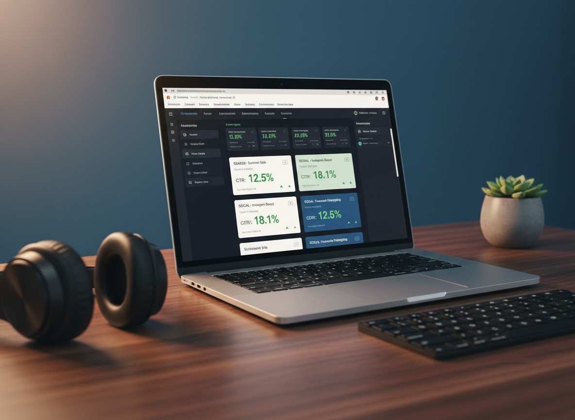 A high-end laptop on a dark wood desk displaying a sophisticated ad manager interface, with multiple campaigns for search and social clearly visible, each showing strong click-through and conversion metrics. Around the laptop lie a pair of over-ear headphones, a slim keyboard, and a small, understated plant in a matte ceramic pot, adding a touch of green. The background fades into a softly blurred deep blue wall, evoking focus and stability. Directional warm studio lighting from the upper left highlights the laptop’s brushed metal surface and crisp screen details. Photographic realism with a slightly low-angle composition emphasizes the power and control of well-optimized ads, projecting a mood of confidence, precision, and performance-driven lead generation.
