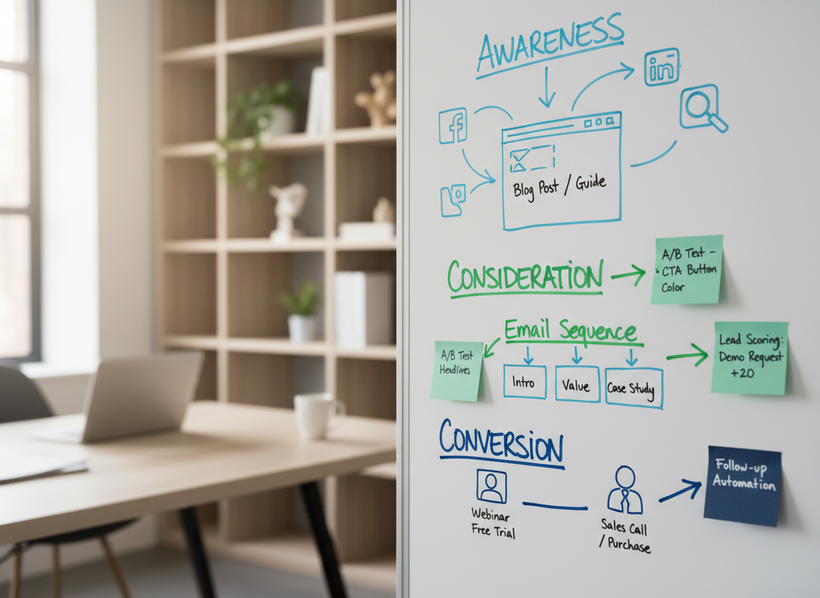 A meticulously designed whiteboard wall filled with a thoughtfully structured marketing funnel: color-coded stages labeled Awareness, Consideration, and Conversion, with arrows connecting ad icons, landing pages, and email sequences. Sticky notes in coordinated blues and greens mark A/B tests and lead scoring rules. The whiteboard stands in a bright, modern office space with tidy shelving and minimalist decor gently blurred in the background. Natural daylight from an unseen window provides soft, even illumination, enhancing the clarity of each handwritten element. Photographic realism, captured at a slight side angle using the rule of thirds, creates a sense of strategic flow and organized creativity, conveying a professional, systematic approach to building predictable lead pipelines.
